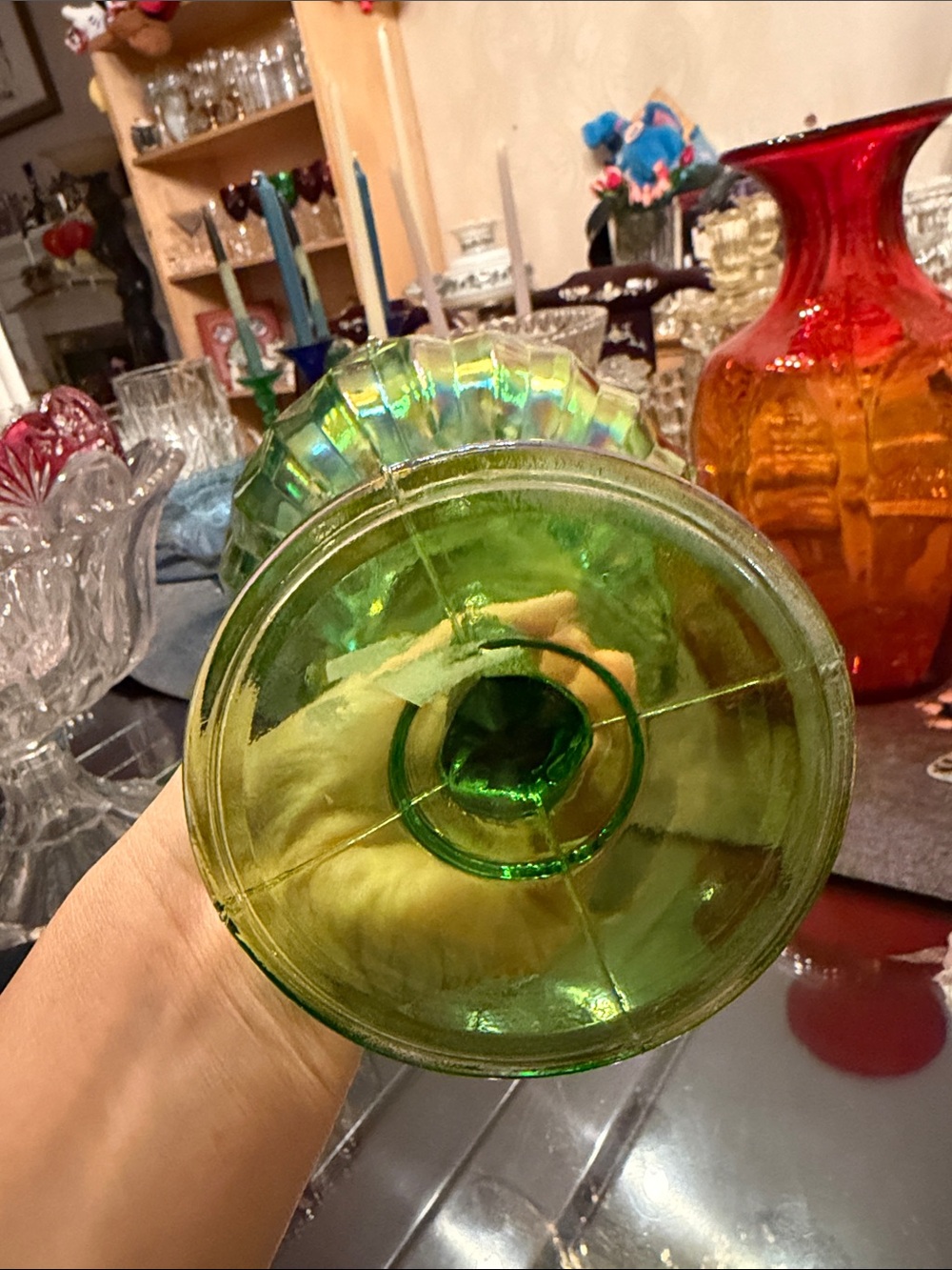 Vintage Lotus Blossom Green Carnival Glass Iridescent Compote - Picture 4 of 7